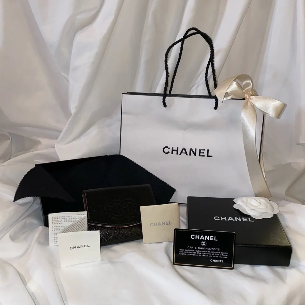 Chanel Authentic Caviar Leather Bifold Black Wallet w/Pink Interior & Auth Cert